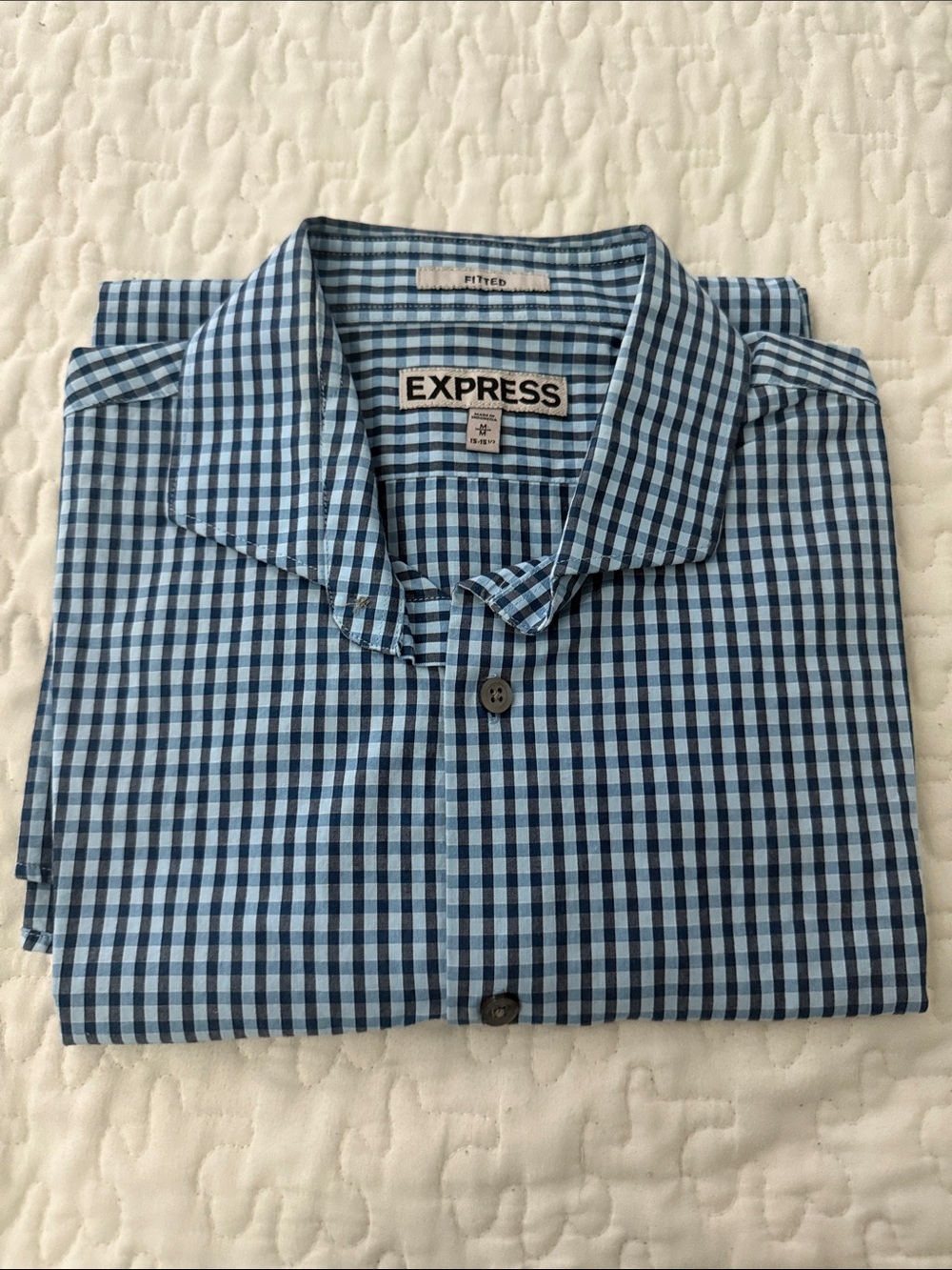 Express Men's Blue and Navy Gingham Button-Up Shirt Fitted